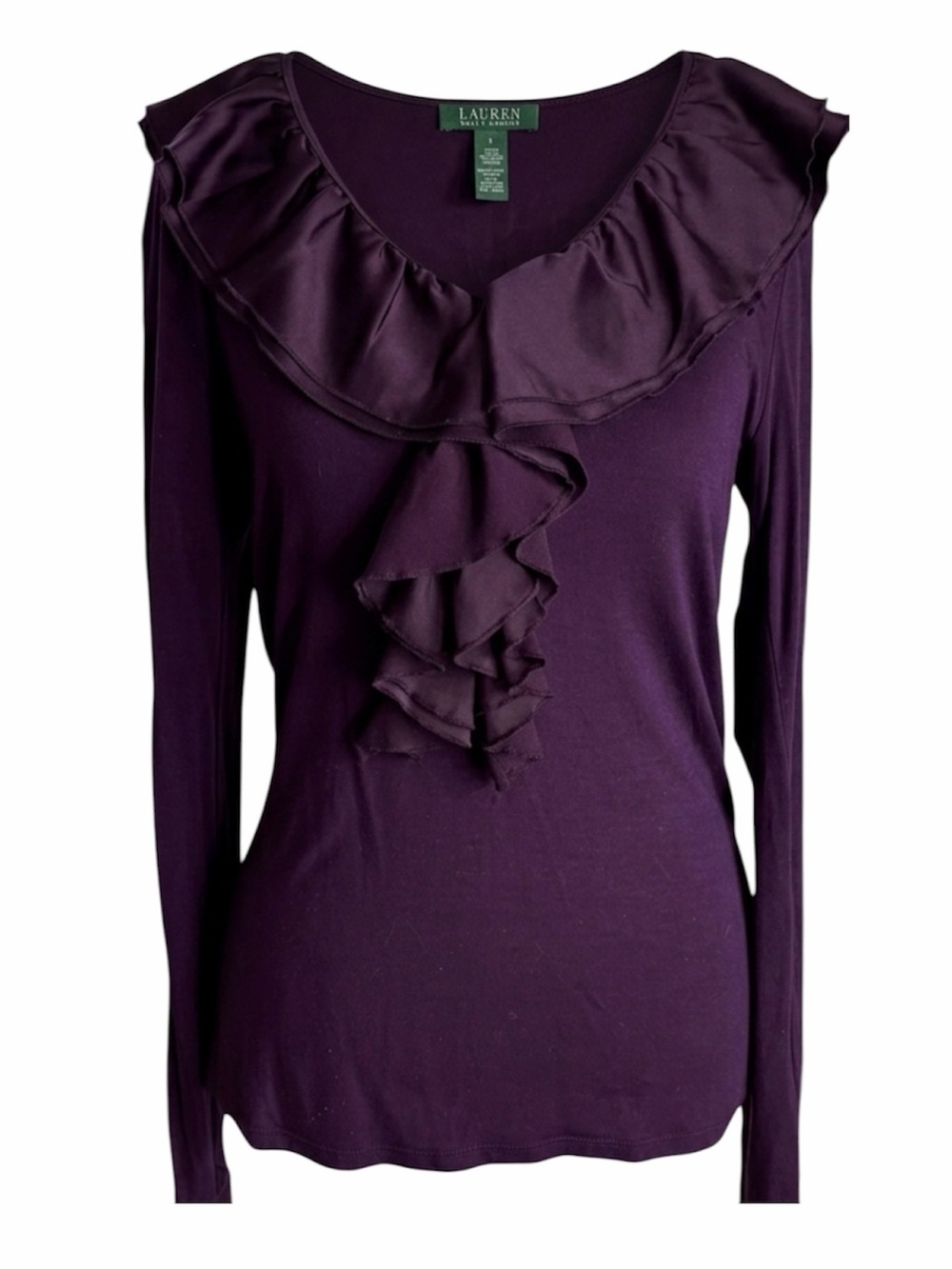 Lauren By Ralph Lauren. V-neckline Top With Ruffle Detail. Purple. Size Small